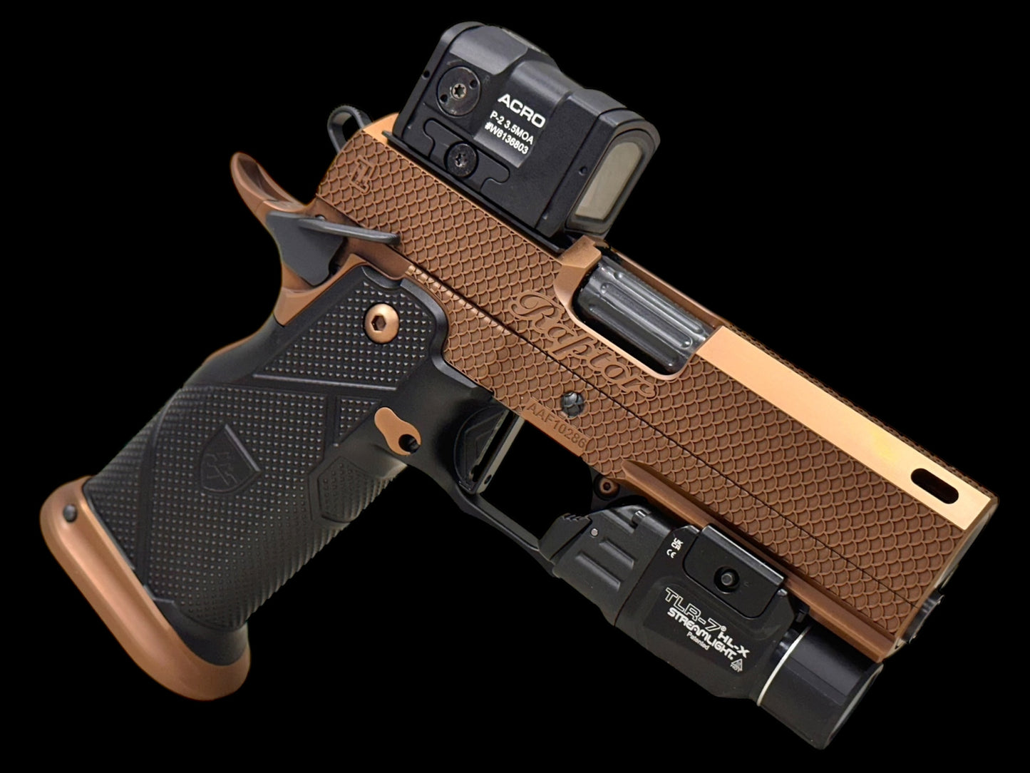 ALPHA AMERICAN “RAPTOR” 3.75” V PORTED BULL BARREL WITH ALUMINUM GRIPS, AIMPOINT ACRO AND TLR7 FLASHLIGHT (PROTOTYPE)