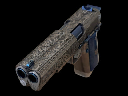 ARSENAL FIREARMS 1911 DOUBLE BARREL “SECOND CENTURY” 1 OF 1 SILVER/ BLUE PVD ENGRAVED WITH GLASS CASE