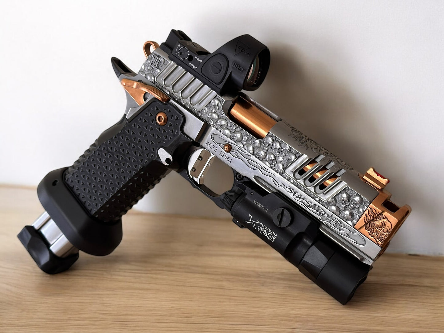 STACCATO CUSTOM XC “VITA FINITA” 3D ENGRAVED IN POLISHED PVD SILVER/COPPER FINISH.