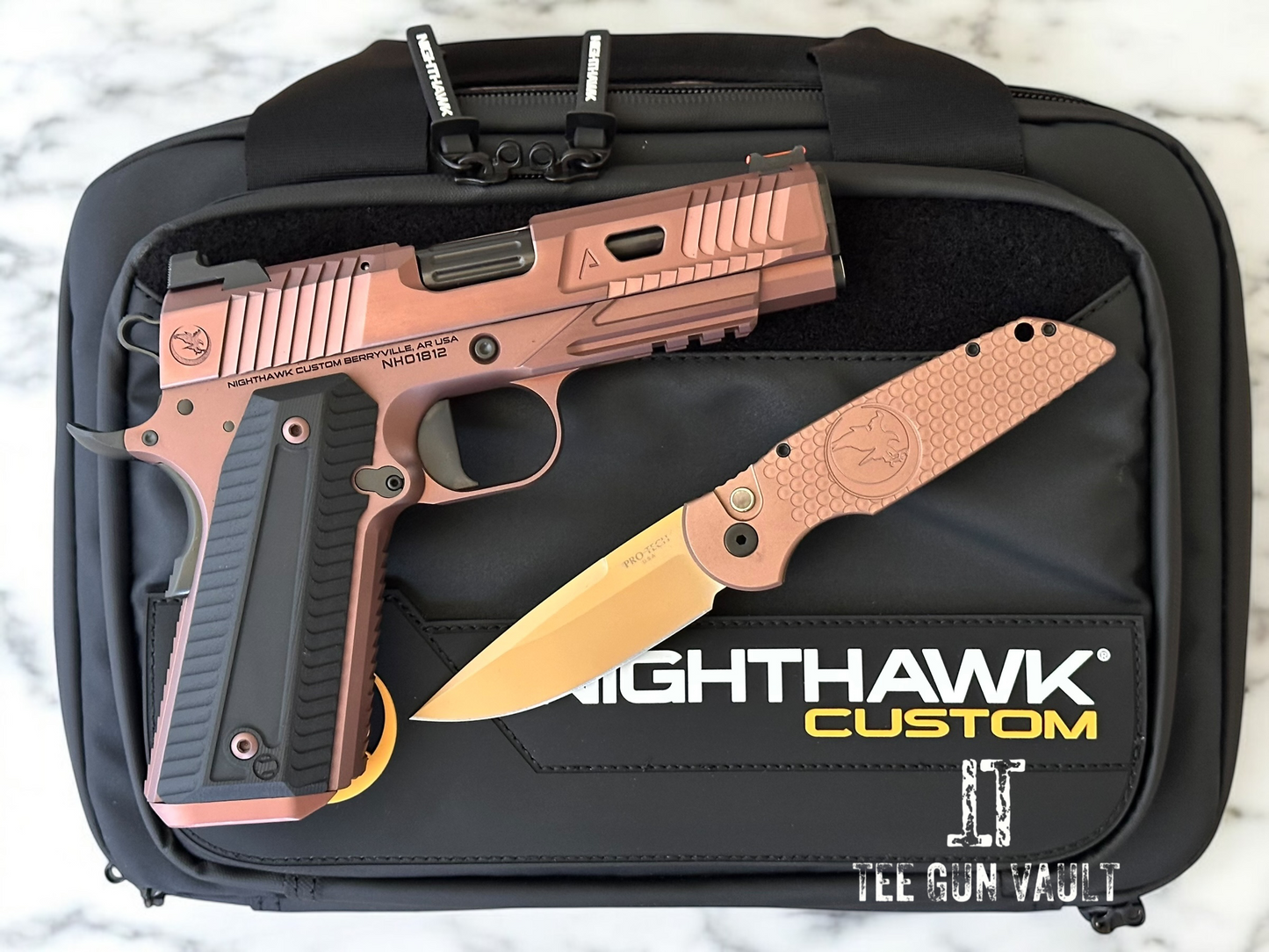 NIGHTHAWK CUSTOM AGENT 2 COMMANDER OPTIC READY RECON ROSE GOLD FINISH .45ACP PRO TECH KNIFE