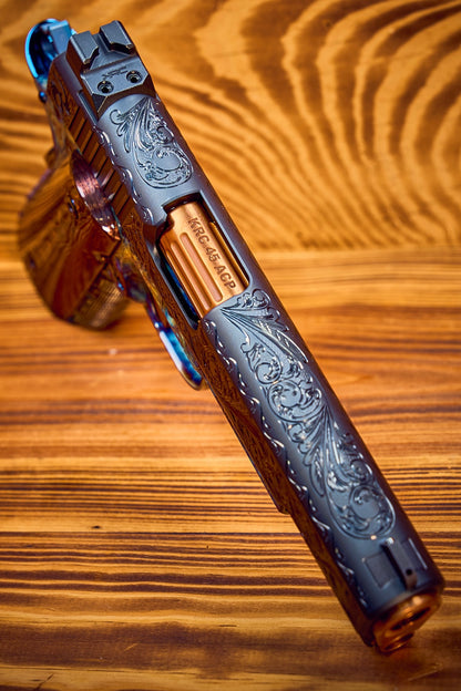 KINGS RIVER CUSTOM LEVEL III; CUSTOM WOOD DISPLAY CASE. HAND ENGRAVED CASE HARDENED .45ACP