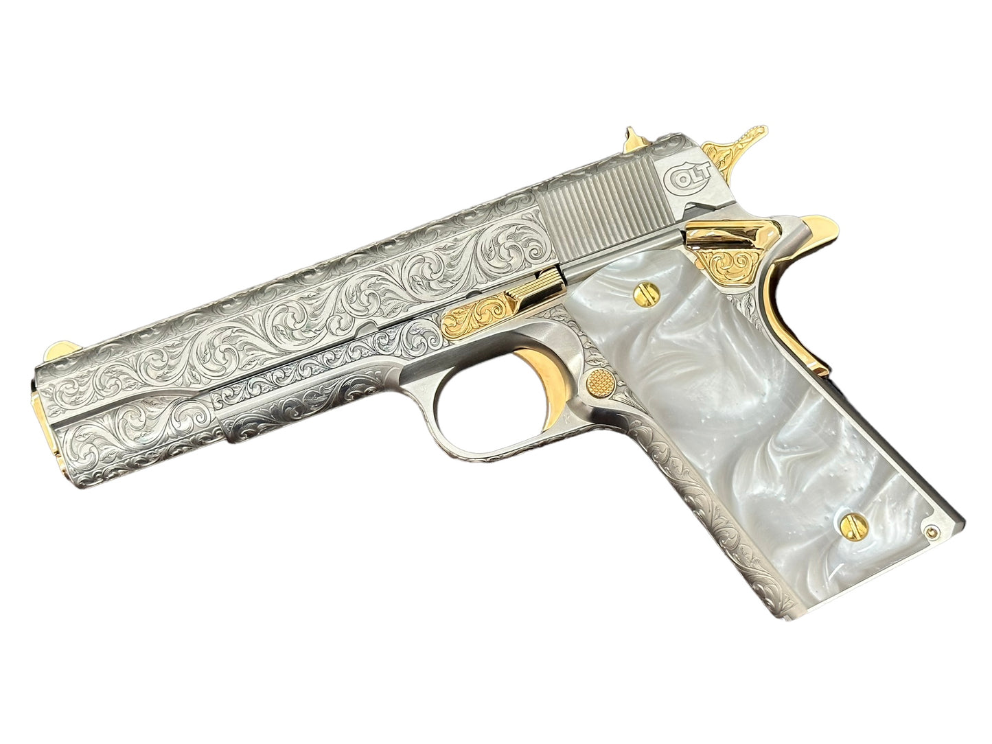 COLT CUSTOM 1911 FULLY ENGRAVED BRUSH NICKEL FINISH WITH 24K GOLD ACCENTS