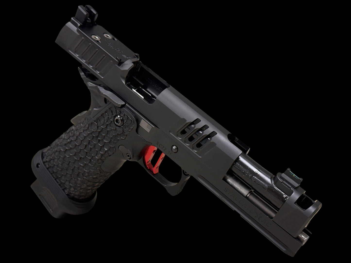 STACCATO XC 2011 5” COMPENSATED WITH DRAGON SCALE GRIPS RED ATLAS TRIGGER AND 5 MAGS (pre owned) MINT