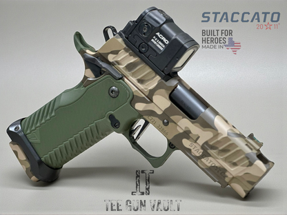 STACCATO CUSTOM C2 PORTED 3.9” MULTICAM WITH T7 ALUMINUM GRIPS, AIMPOINT ACRO P2 & RED DIRT “EDGE” TRIGGER