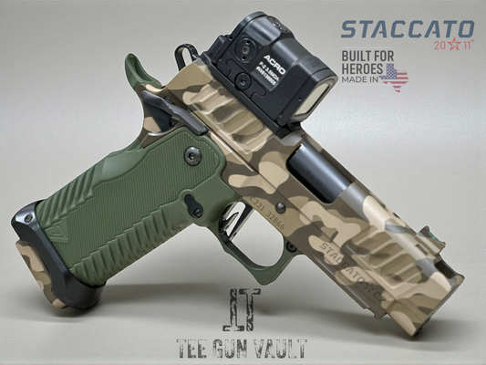 STACCATO CUSTOM C2 PORTED 3.9” MULTICAM WITH T7 ALUMINUM GRIPS, AIMPOINT ACRO P2 & RED DIRT “EDGE” TRIGGER