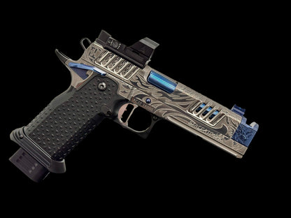 STACCATO CUSTOM XC “TRIBAL DRAGON” SILVER/BLUE PVD WITH ATLAS GRIPS AND APEX ATOM OPTIC