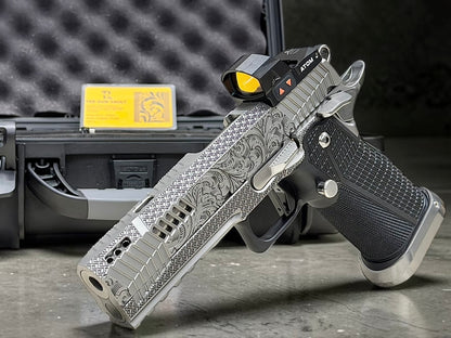 DARK FORGE WRAITH PORTED CUSTOM SCROLL ENGRAVED IN PVD SILVER FINISH WITH APEX ATOM OPTIC
