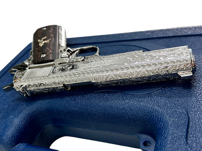 COLT CUSTOM 1911 HIGH POLISHED FULLY ENGRAVED NICKEL PLATED WITH CUSTOM GRIPS .45ACP
