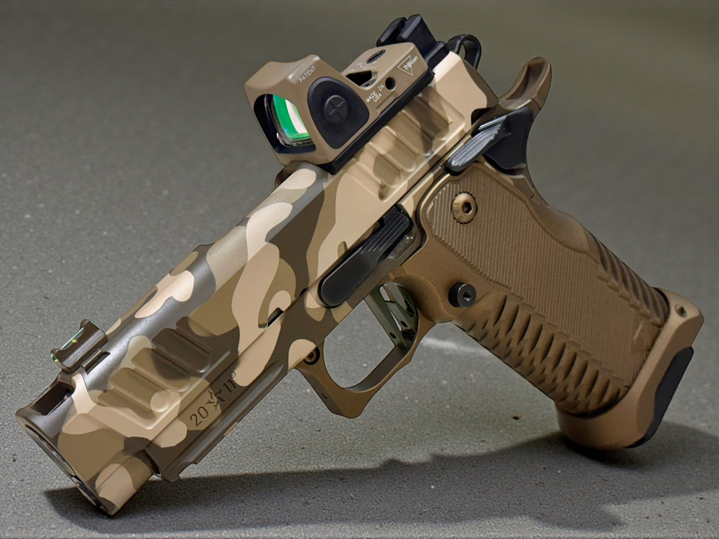STACCATO CUSTOM C2 PORTED 3.9"
MULTICAM WITH T7 ALUMINUM GRIPS, TRIJICON RMR & RED DIRT "EDGE" TRIGGER