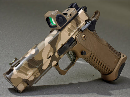 STACCATO CUSTOM C2 PORTED 3.9"
MULTICAM WITH T7 ALUMINUM GRIPS, TRIJICON RMR & RED DIRT "EDGE" TRIGGER