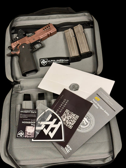 ALPHA AMERICAN VANGUARD 4.25” PORTED DLC ROSE GOLD CAMO WITH TRIJICON RMR HD AND ALUMINUM GRIPS 9mm