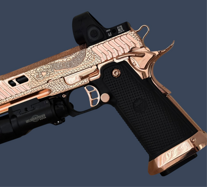 TARAN TACTICAL SAND VIPER “SOLARA” BLACKTIP 18K ROSE GOLD NEW GRIPS 2011 9MM SRO