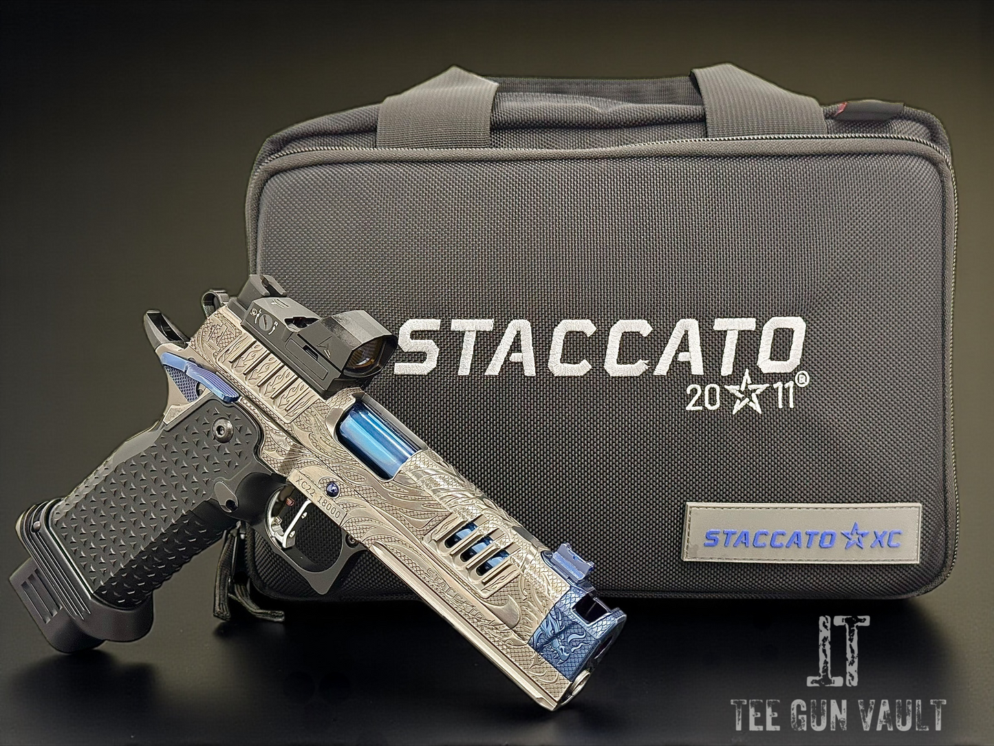 STACCATO CUSTOM XC “TRIBAL DRAGON” SILVER/BLUE PVD WITH ATLAS GRIPS AND APEX ATOM OPTIC
