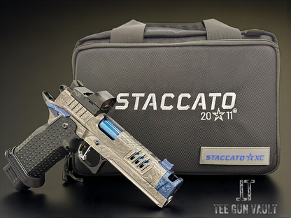 STACCATO CUSTOM XC “TRIBAL DRAGON” SILVER/BLUE PVD WITH ATLAS GRIPS AND APEX ATOM OPTIC