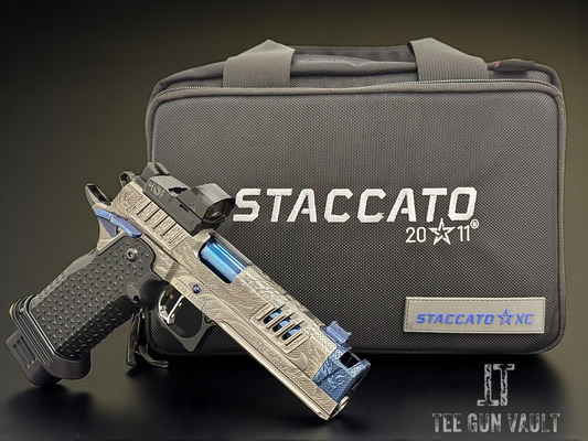 STACCATO CUSTOM XC “TRIBAL DRAGON” SILVER/BLUE PVD WITH ATLAS GRIPS AND APEX ATOM OPTIC