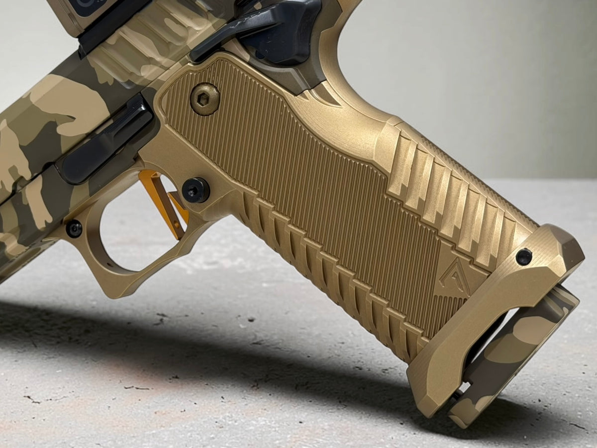STACCATO CUSTOM C2 PORTED 3.9"
MULTICAM WITH T7 ALUMINUM GRIPS, APE AIMPOINT ACRO P2 & RED DIRT "EDGE" TRIGGER