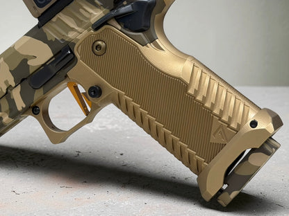 STACCATO CUSTOM C2 PORTED 3.9"
MULTICAM WITH T7 ALUMINUM GRIPS, APE AIMPOINT ACRO P2 & RED DIRT "EDGE" TRIGGER