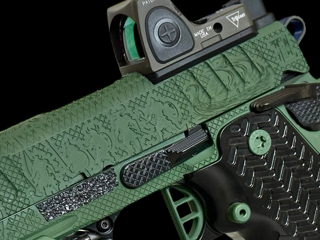 STACCATO C2 PORTED FULL CUSTOM BUILD VIKING EDITION GREEN/BLACK FINISH WITH CHEELY ALUMINUM GRIPS