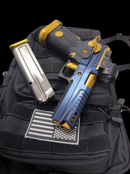 AKAI CUSTOM “DRAGON” PORTED LIMITED EDITION 1 OF 10 BLUE/ GOLD PVD FINISH WITH TRIJICON SRO 9MM (PRE OWNED)