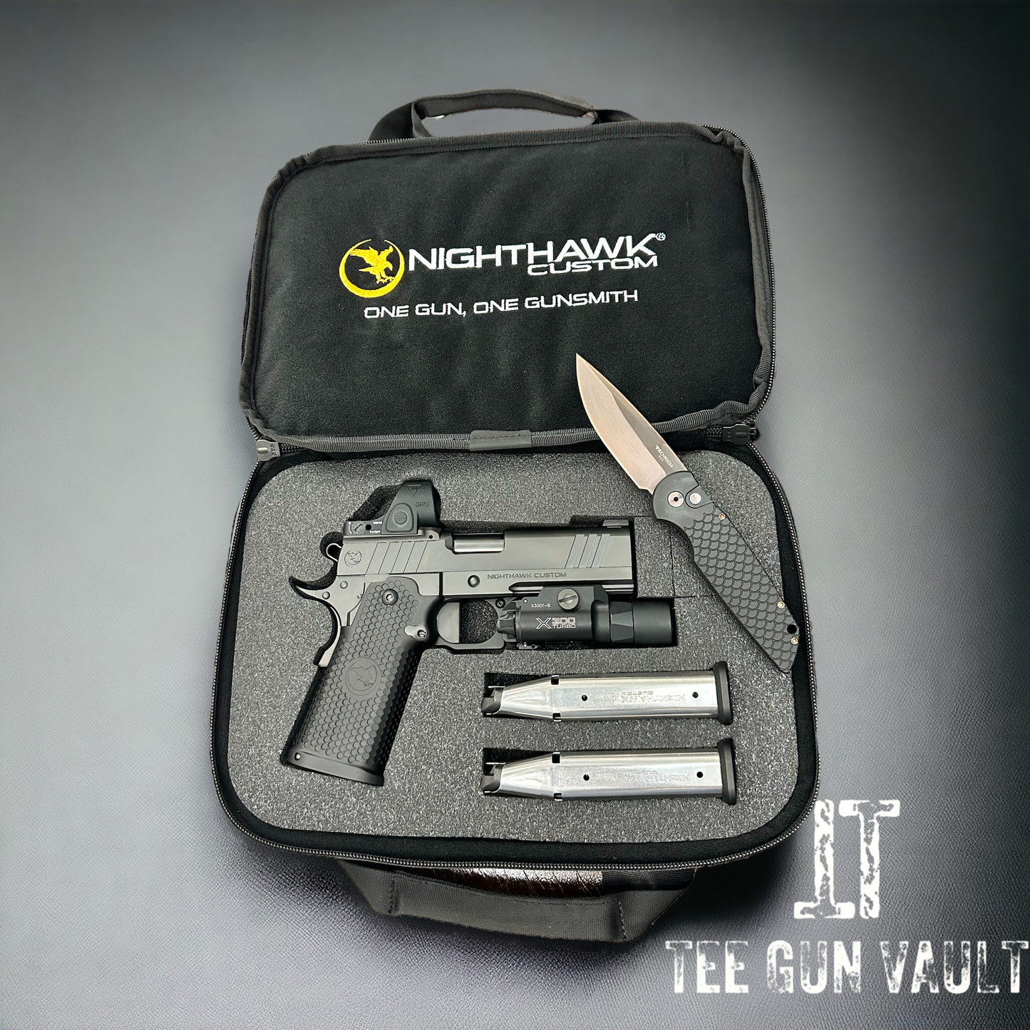 NIGHTHAWK CUSTOM TRS COMMANDER DOUBLE STACK 9MM WITH PRO TECH KNIFE SRO AND X300