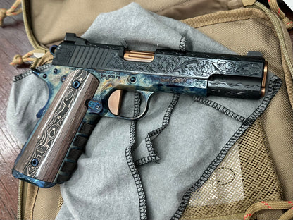 KINGS RIVER CUSTOM LEVEL III; CUSTOM WOOD DISPLAY CASE. HAND ENGRAVED CASE HARDENED .45ACP