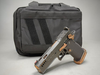 CNC GUNWORKS AKIRA PORTED 4.6”9MM  OPTIC READY IN BLACK DLC WITH ROSE GOLD BARREL AND PARTS.