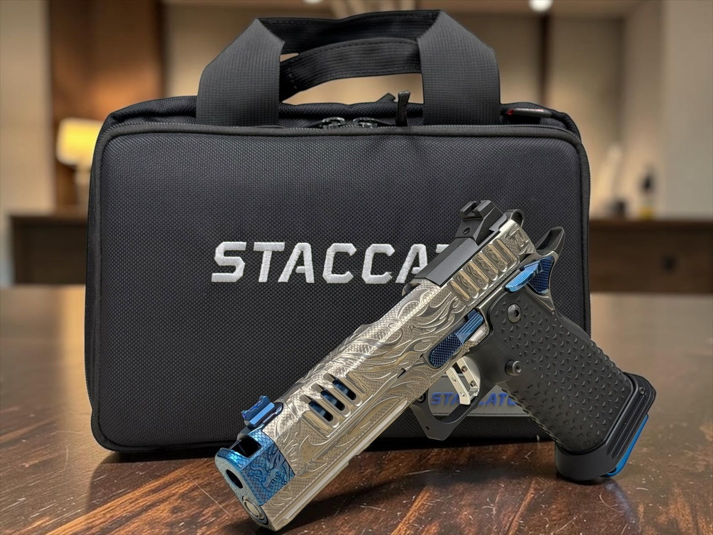 STACCATO CUSTOM XC “TRIBAL DRAGON” SILVER/BLUE PVD WITH ATLAS GRIPS