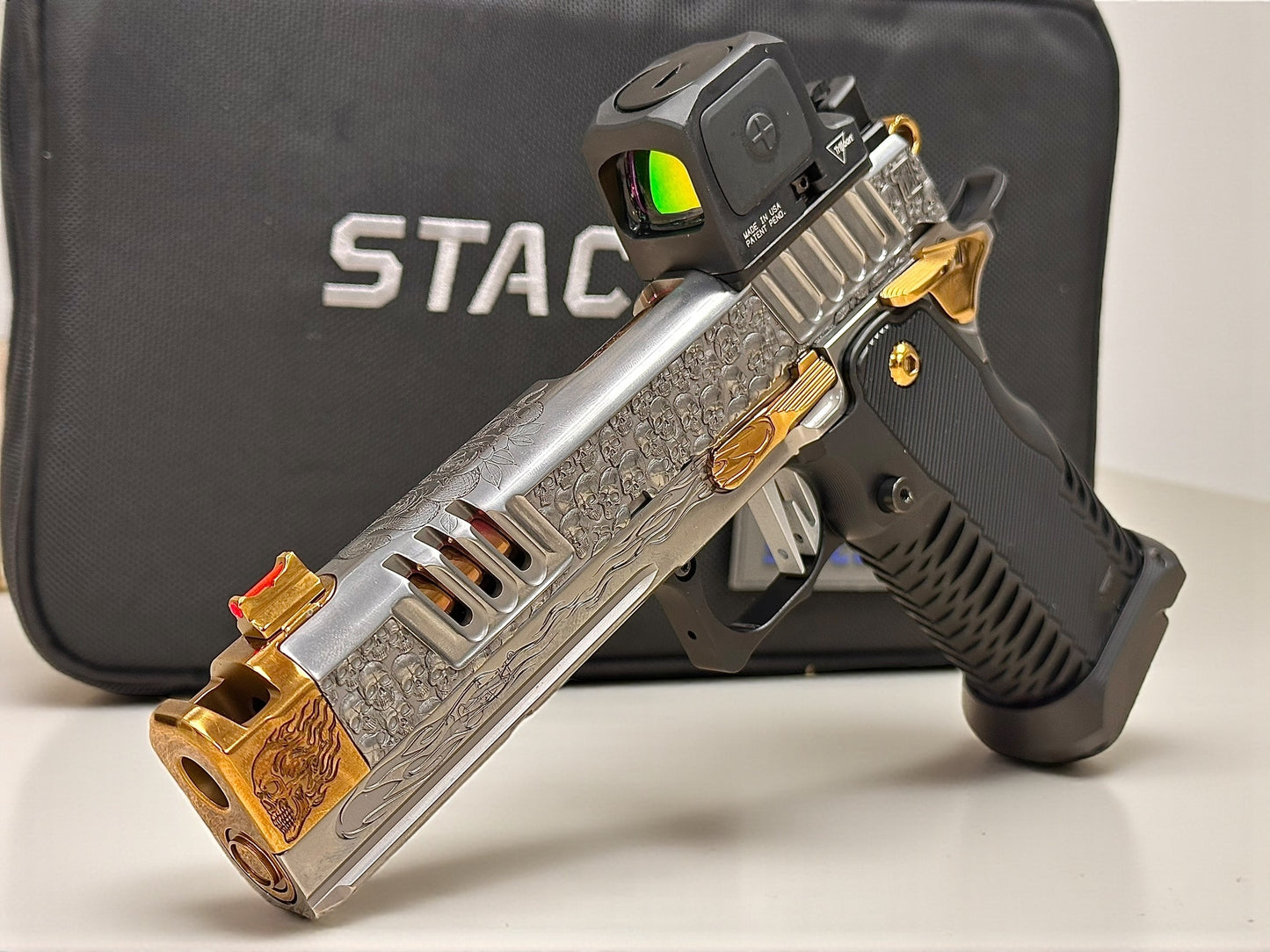 STACCATO CUSTOM XC “VITA FINITA” SILVER/COPPER WITH T7 GRIPS, TRIJICON RCR AND EDGE TRIGGER.