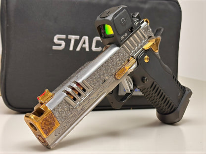 STACCATO CUSTOM XC “VITA FINITA” SILVER/COPPER WITH T7 GRIPS, TRIJICON RCR AND EDGE TRIGGER.