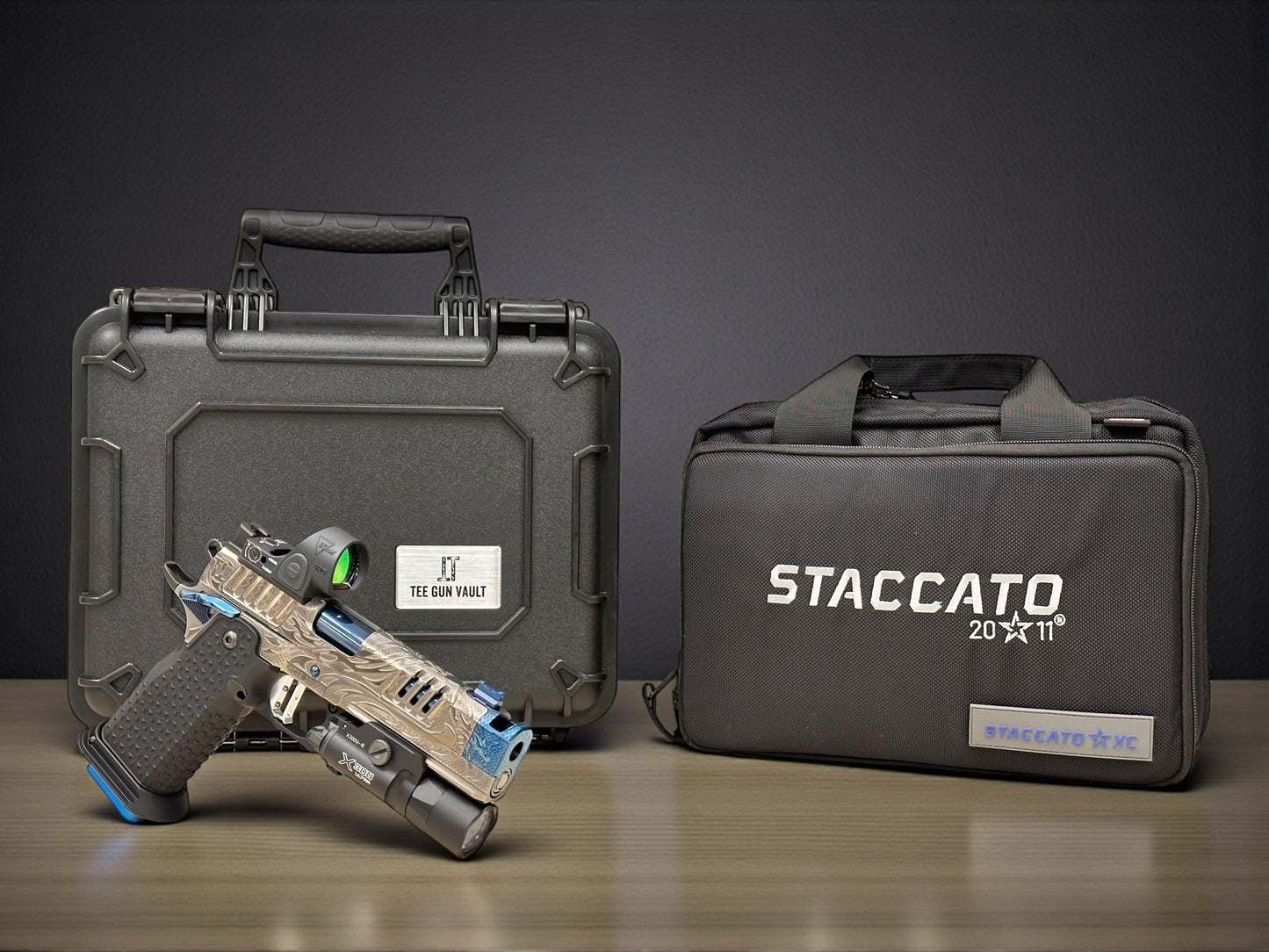 STACCATO CUSTOM XC “TRIBAL DRAGON” SILVER/BLUE PVD WITH ATLAS GRIPS SRO & X300 2 GRIPS