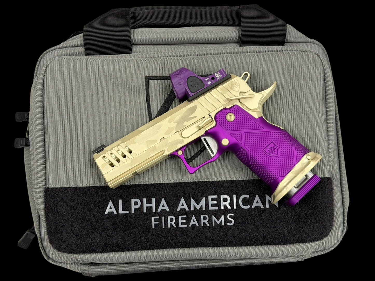 ALPHA AMERICAN VANGUARD 4.25” PORTED DLC CAMO WHITE GOLD WITH PURPLE GRIPS AND SRO