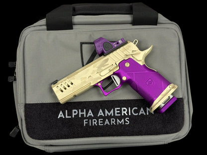 ALPHA AMERICAN VANGUARD 4.25” PORTED DLC CAMO WHITE GOLD WITH PURPLE GRIPS AND SRO
