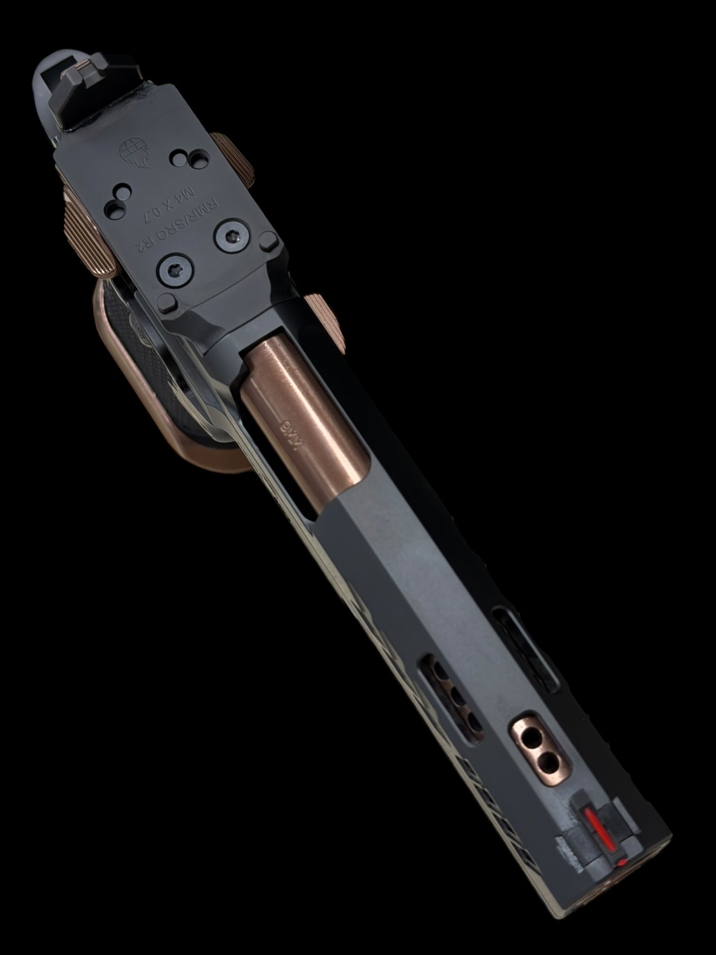 CNC GUNWORKS AKIRA PORTED 4.6”9MM  OPTIC READY IN BLACK DLC WITH ROSE GOLD BARREL AND PARTS.