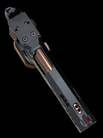 CNC GUNWORKS AKIRA PORTED 4.6”9MM  OPTIC READY IN BLACK DLC WITH ROSE GOLD BARREL AND PARTS.