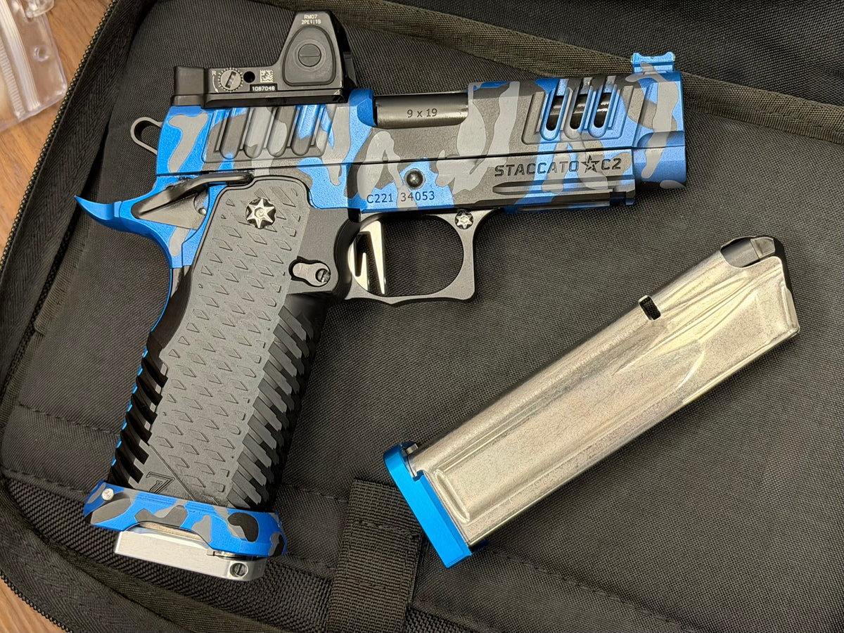 STACCATO CUSTOM C2 BLUE CAMO PORTED 3.9” DLC BARREL WITH T7 AGGRESSIVE GRIP, EDGE TRIGGER AND RMR