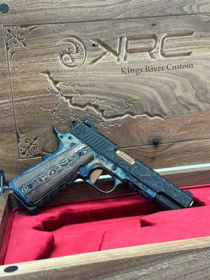 KINGS RIVER CUSTOM LEVEL III; CUSTOM WOOD DISPLAY CASE. HAND ENGRAVED CASE HARDENED .45ACP