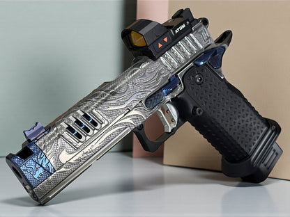STACCATO CUSTOM XC “TRIBAL DRAGON” SILVER/BLUE PVD WITH ATLAS GRIPS AND APEX ATOM OPTIC