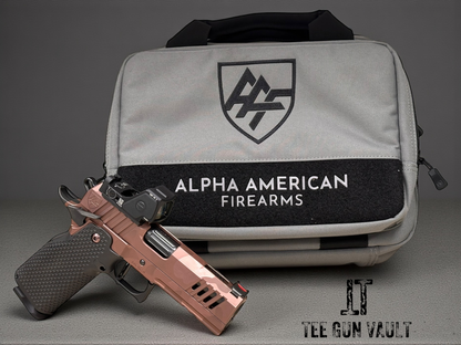 ALPHA AMERICAN VANGUARD 4.25” PORTED DLC ROSE GOLD CAMO WITH TRIJICON RMR HD AND ALUMINUM GRIPS 9mm