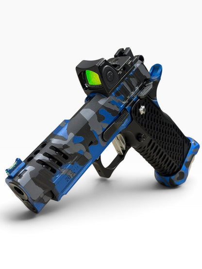 STACCATO CUSTOM C2 BLUE CAMO PORTED 3.9” DLC BARREL WITH T7 AGGRESSIVE GRIP, EDGE TRIGGER AND RMR