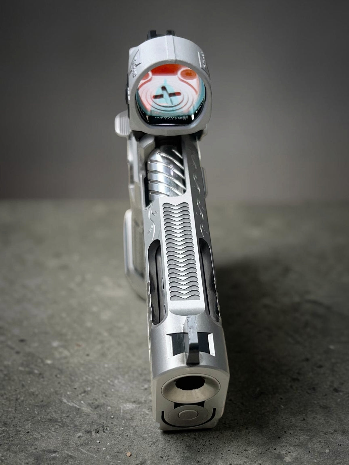 GUNCRAFTER POLARA X2 PORTED 4.25” COMMANDER FULL CHROME AND HAND ENGRAVED WITH MATCHING TRIJICON SILVER SRO