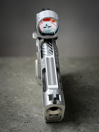 GUNCRAFTER POLARA X2 PORTED 4.25” COMMANDER FULL CHROME AND HAND ENGRAVED WITH MATCHING TRIJICON SILVER SRO