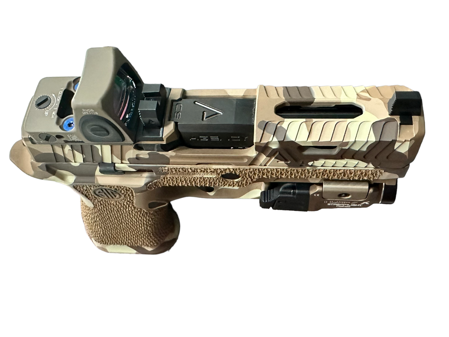 SIG SAUER P320 AGENCY ARMS FULL BUILD CAMO WITH TRIJICON RMR AND TLR 7 FLASHLIGHT