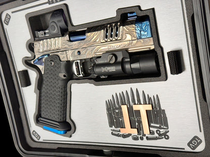 STACCATO CUSTOM XC “TRIBAL DRAGON” SILVER/BLUE PVD WITH ATLAS GRIPS SRO & X300 2 GRIPS