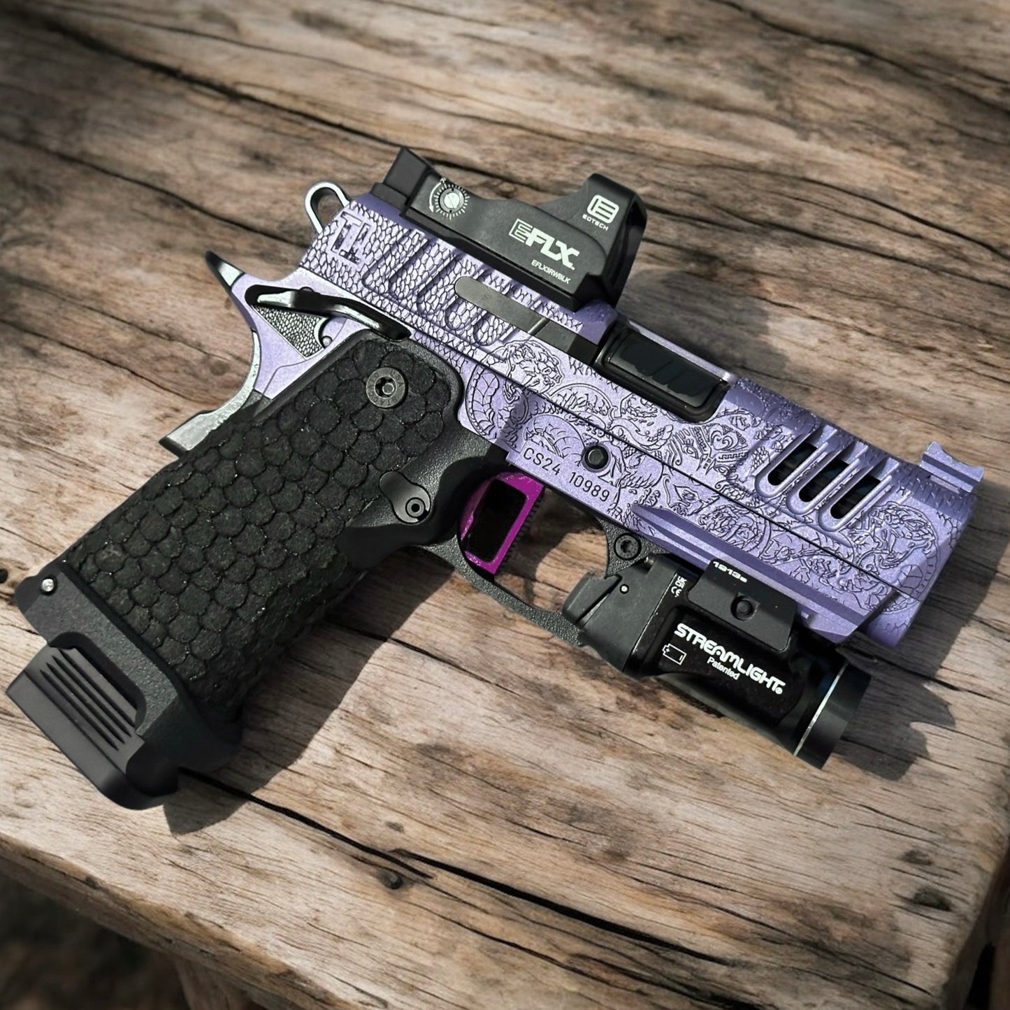 CUSTOM STACCATO CS X SERIES 3.5” PORTED BARREL “MEDUSA” ENGRAVED IN PURPLE/BLACK FINISH.