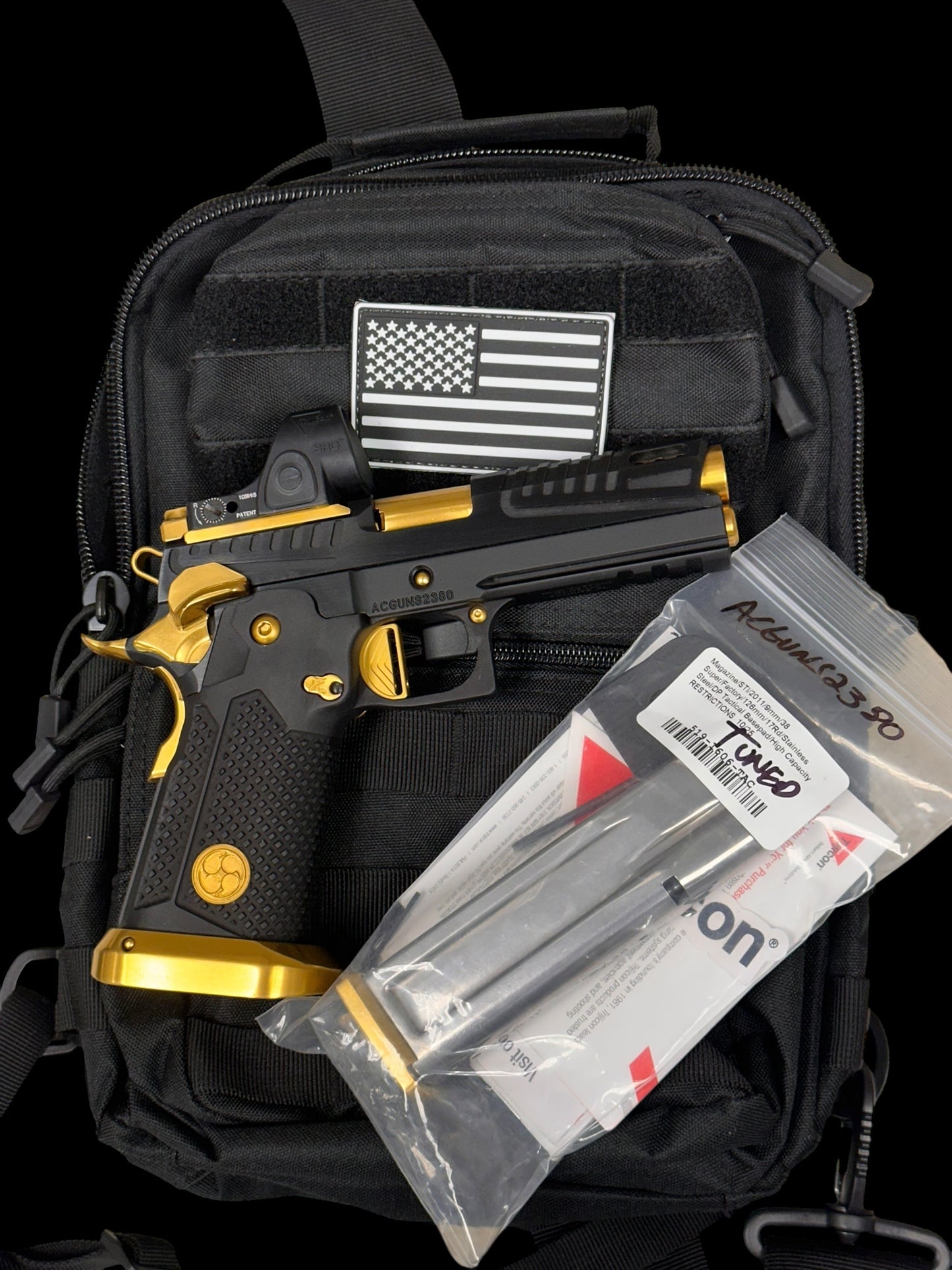 AKAI CUSTOM “DRAGON” PORTED LIMITED EDITION 1 OF 10 BLACK/ GOLD PVD FINISH WITH TRIJICON SRO 9MM