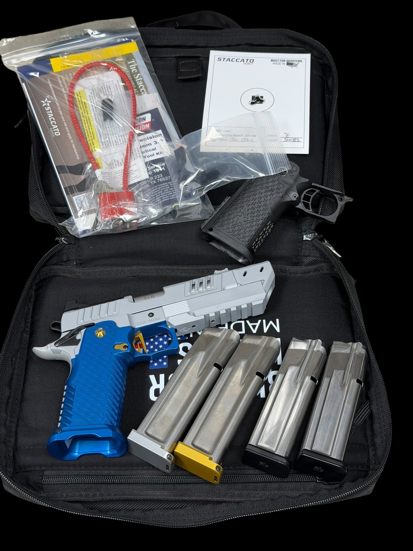 STACCATO C2 C SERIES CUSTOM COMPENSATED SILVER WITH BLUE T7 ALUMINUM GRIPS AND EDGE TRIGGER