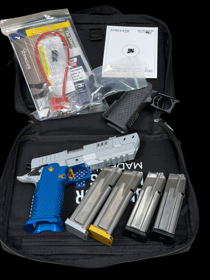 STACCATO C2 C SERIES CUSTOM COMPENSATED SILVER WITH BLUE T7 ALUMINUM GRIPS AND EDGE TRIGGER