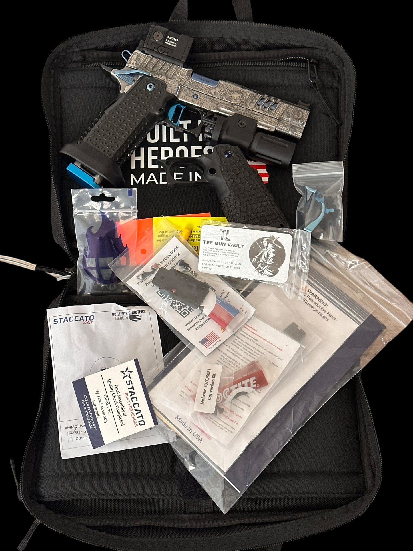 STACCATO CUSTOM XL “LAST SAMURAI” FULLY ENGRAVED PORTED IN SILVER/BLUE POLISHED PVD FINISH. ATLAS GRIPS AND TRIGGER