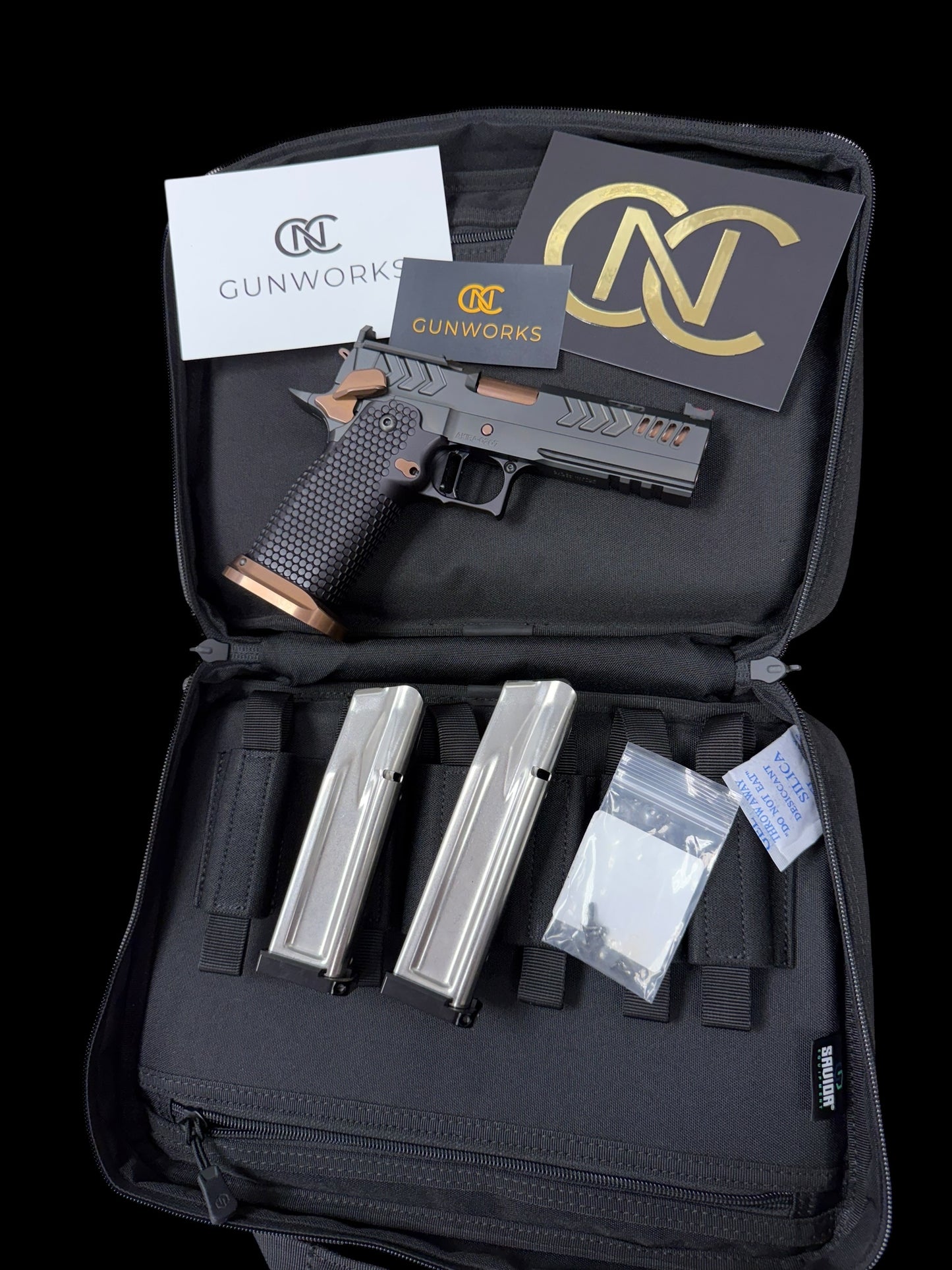 CNC GUNWORKS AKIRA PORTED 4.6”9MM  OPTIC READY IN BLACK DLC WITH ROSE GOLD BARREL AND PARTS.