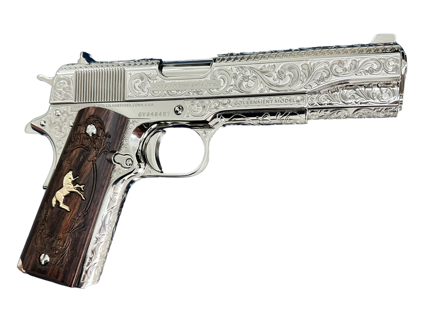 COLT CUSTOM 1911 HIGH POLISHED FULLY ENGRAVED NICKEL PLATED WITH CUSTOM GRIPS .45ACP